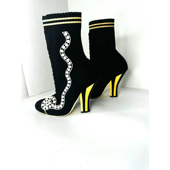 Fendi Rockoko Pearl Embellished Black Stretch Sock Boots 105mm Heels Size 37 - Picture 6 of 13